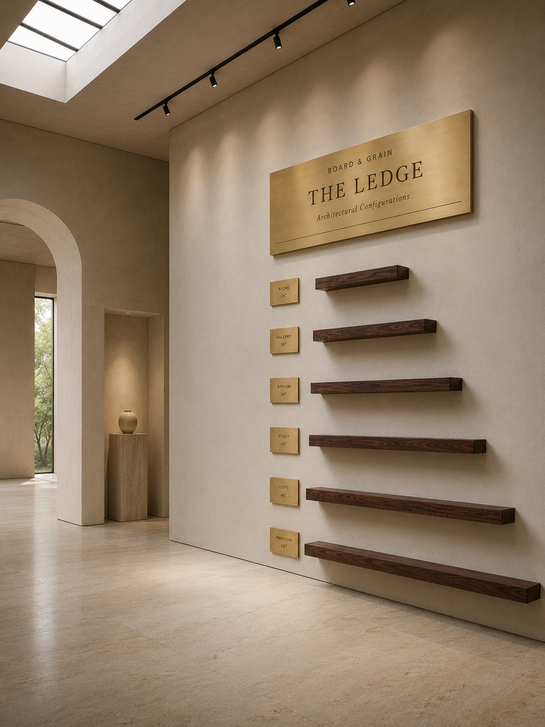 The Ledge architectural walnut floating shelf displayed in a museum inspired environment