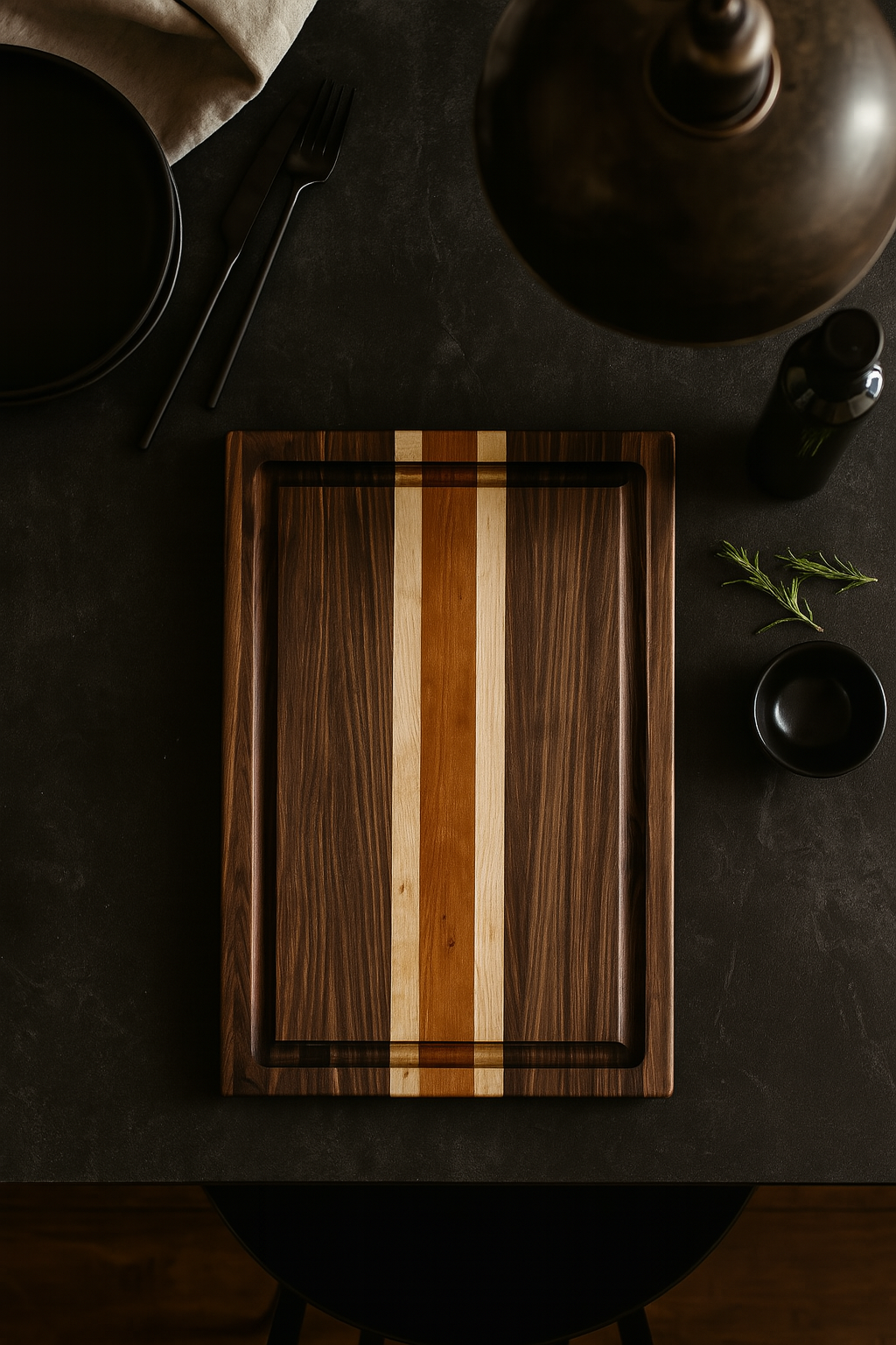 The Hawthorne cutting board styled in a refined dark kitchen setting