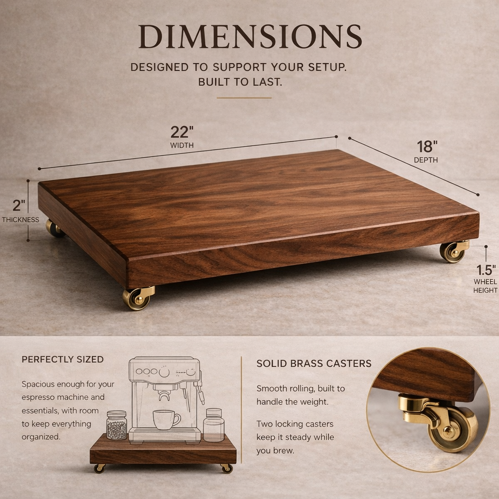 Wooden rolling platform with dimensions and features on a beige background