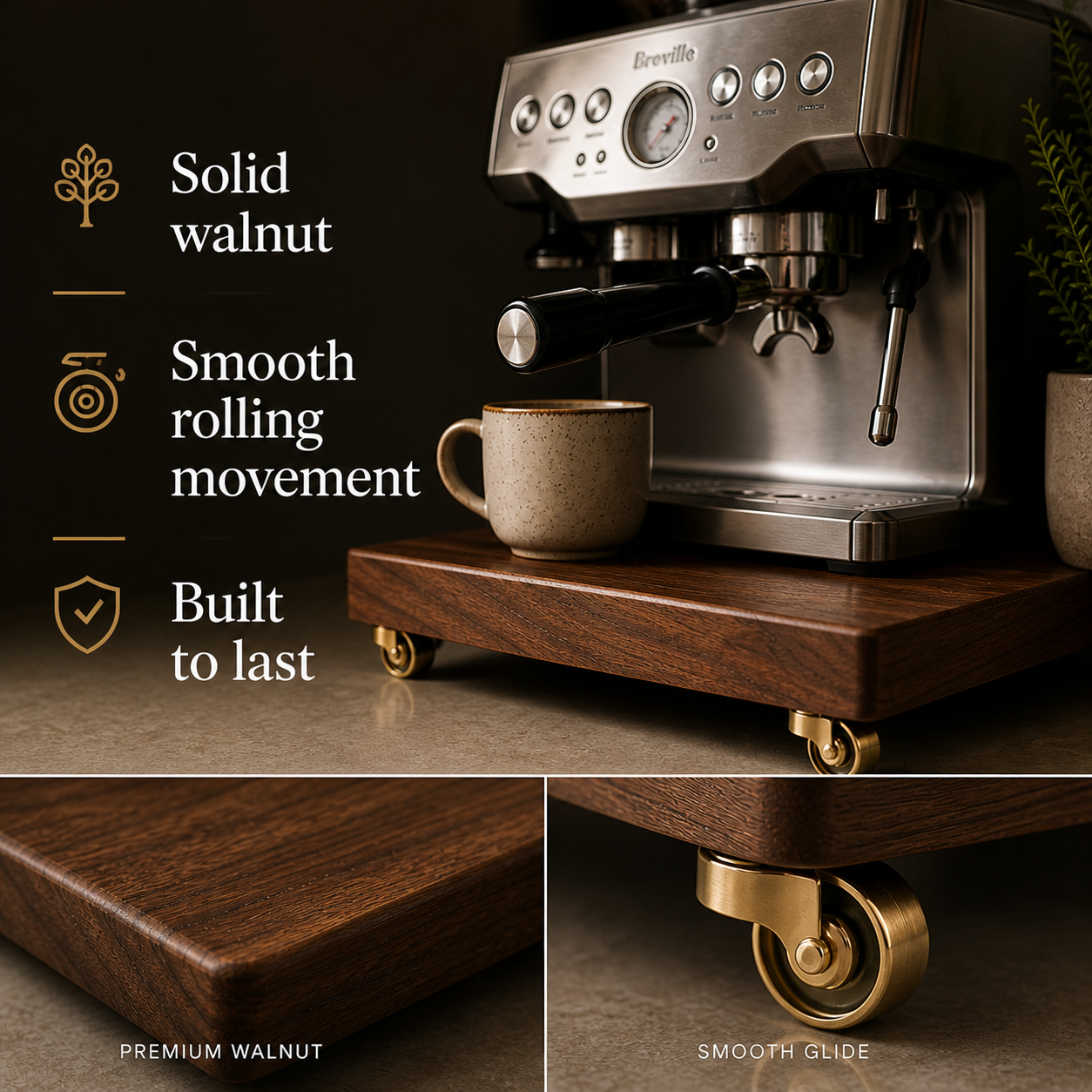Espresso machine on a wooden stand with text highlighting features, set against a dark background.