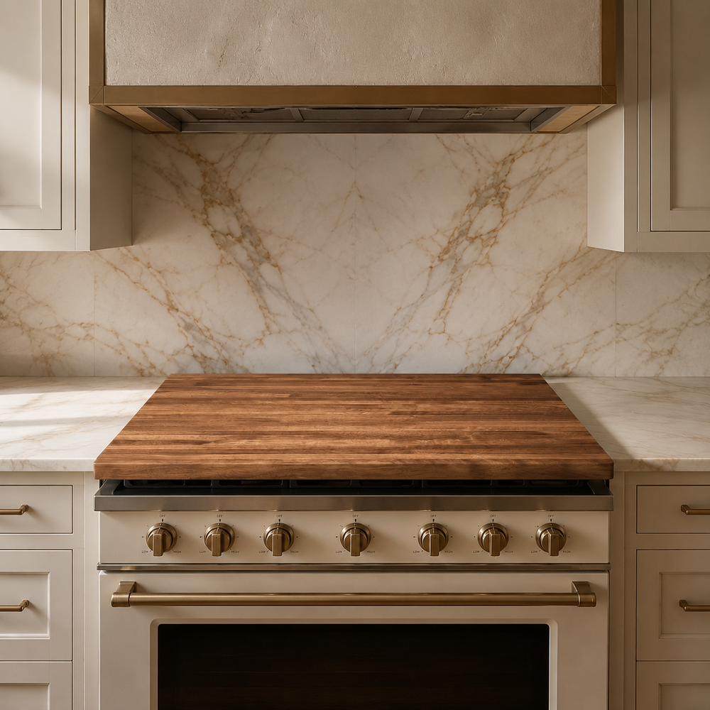 Front view of The Canopy solid walnut stove top cover on a white range in a warm luxury kitchen