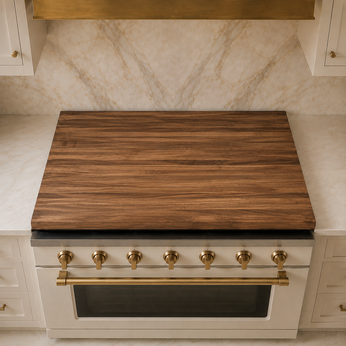 The Canopy solid walnut stove top cover centered on a white range with brass controls