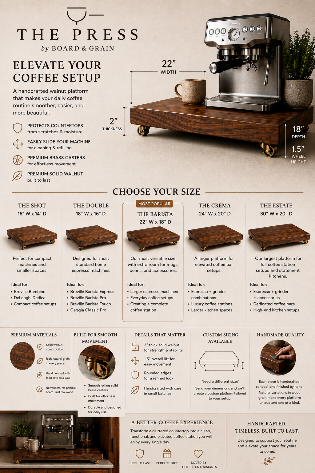 Product description card for a wooden coffee machine stand with dimensions and features.