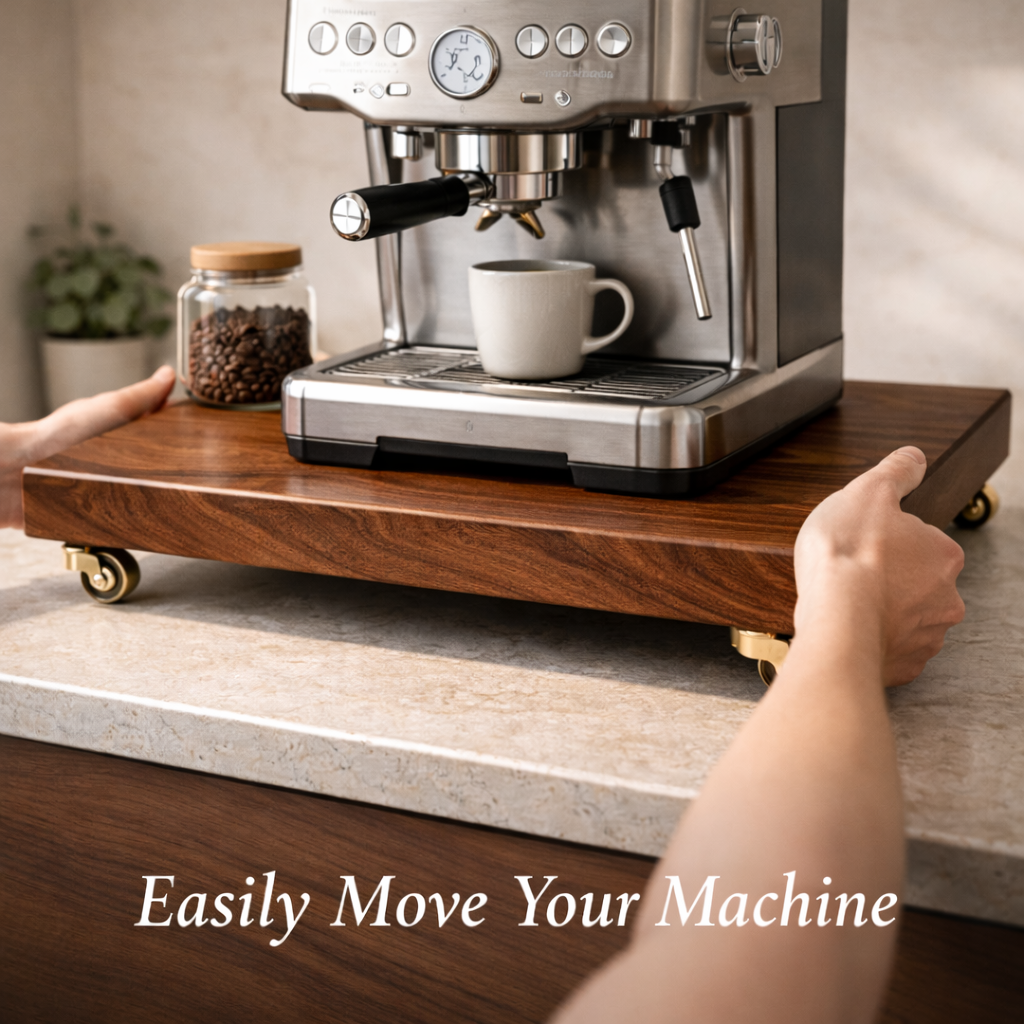 Espresso machine on a wooden stand with text 'Easily Move Your Machine'.