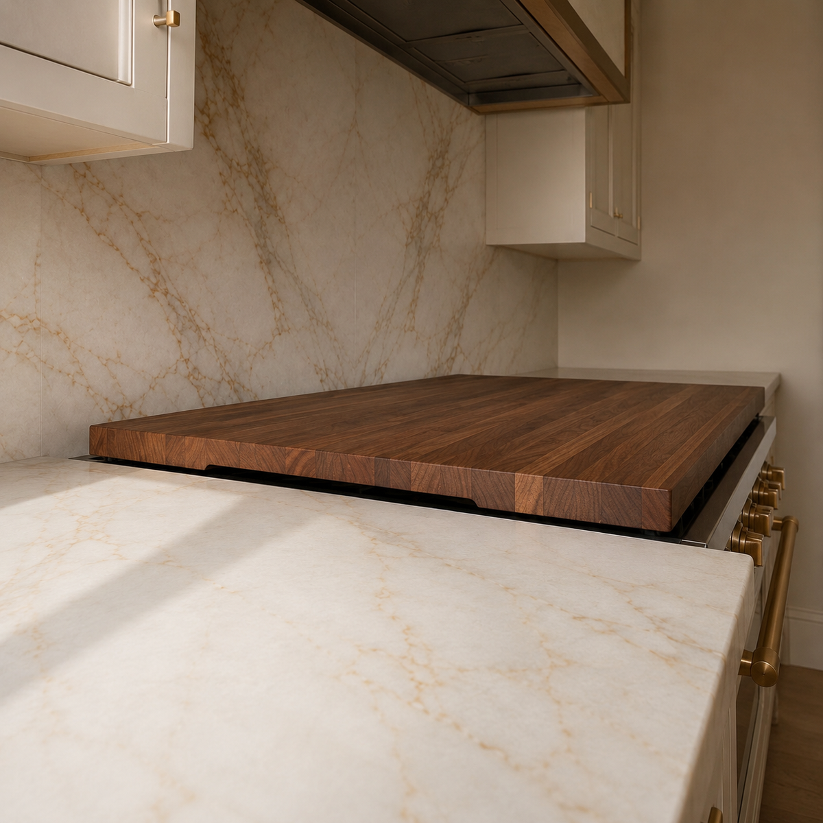 Low side view of The Canopy walnut range cover showing its refined edge profile