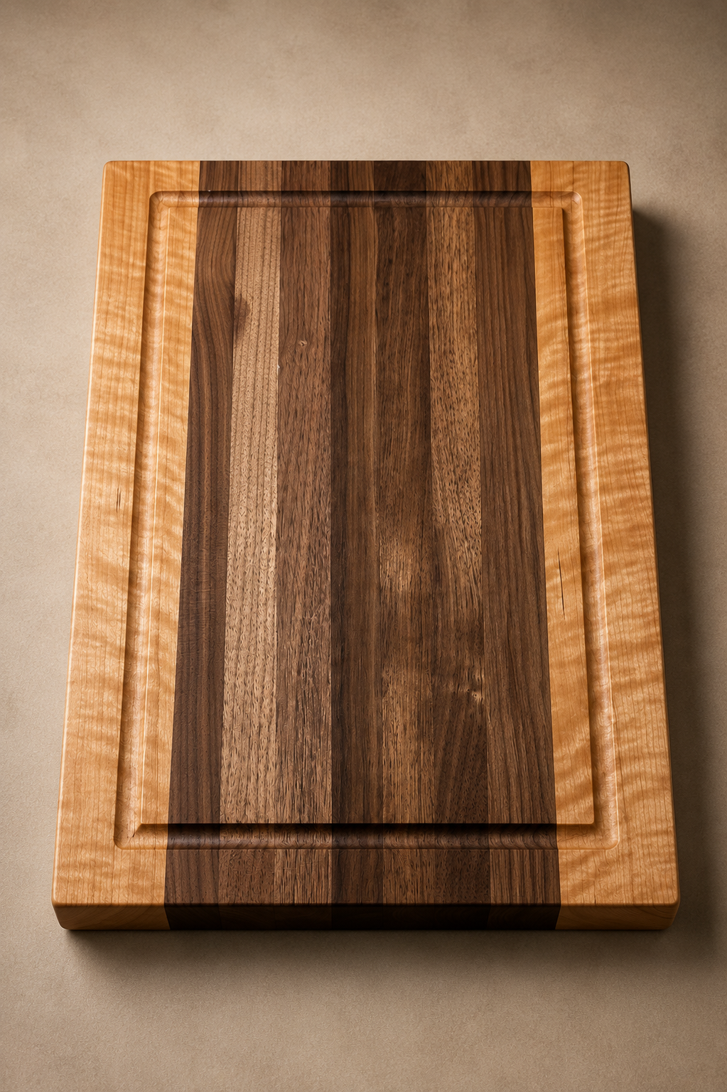The Harvest walnut and cherry heirloom cutting board with refined edge grain construction