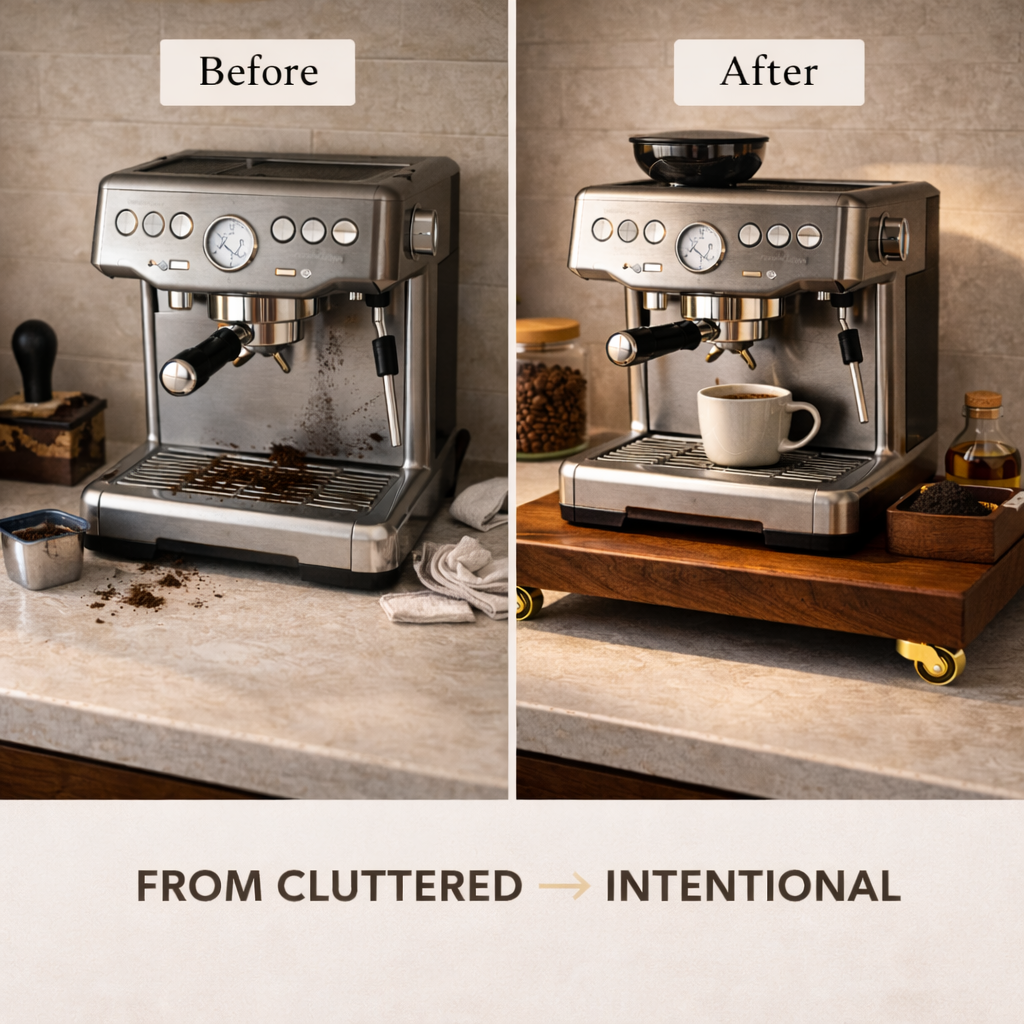 Before and after comparison of a coffee machine setup on a wooden surface.