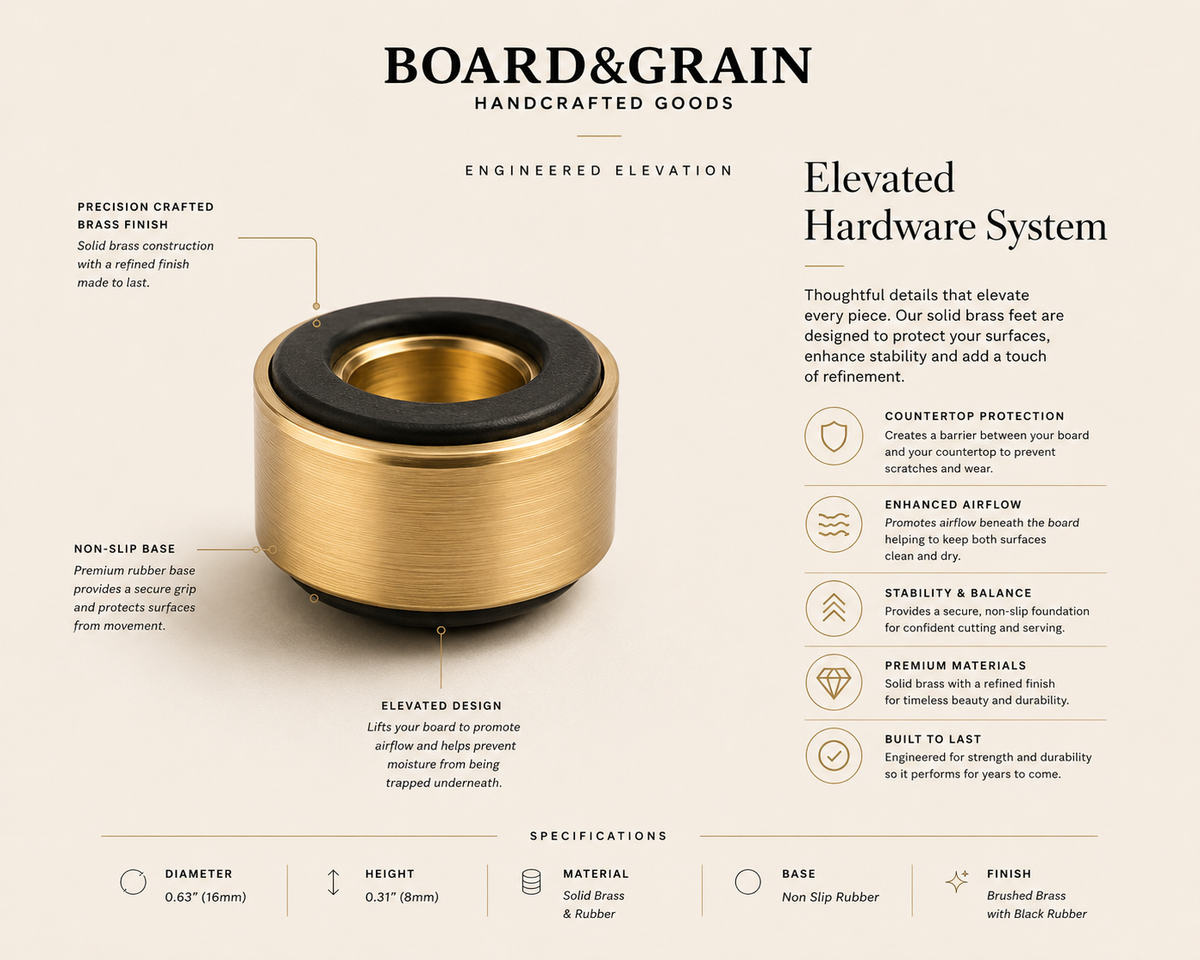 Board and Grain elevated hardware system with brass gold feet