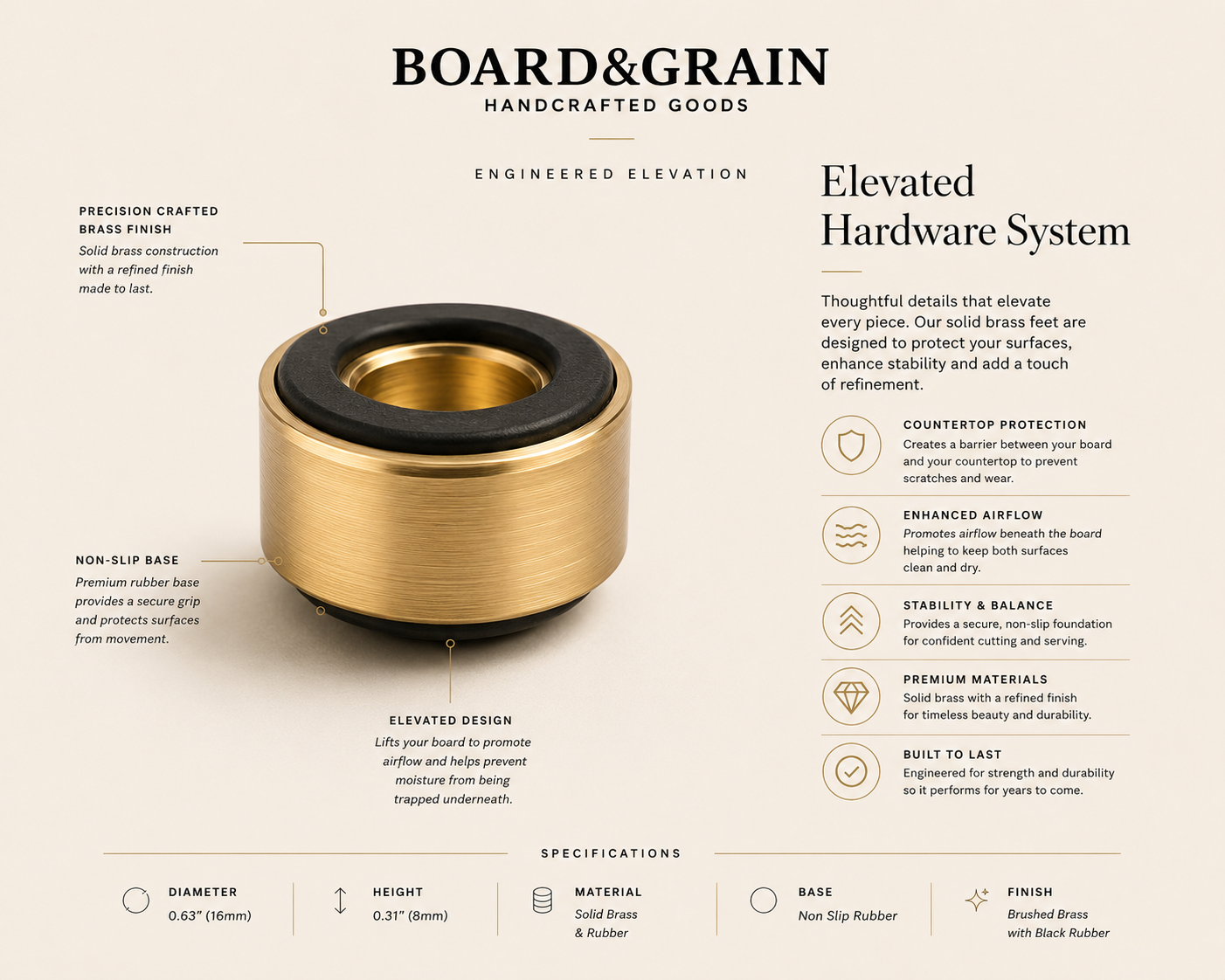 Board and Grain elevated hardware system with brass gold feet