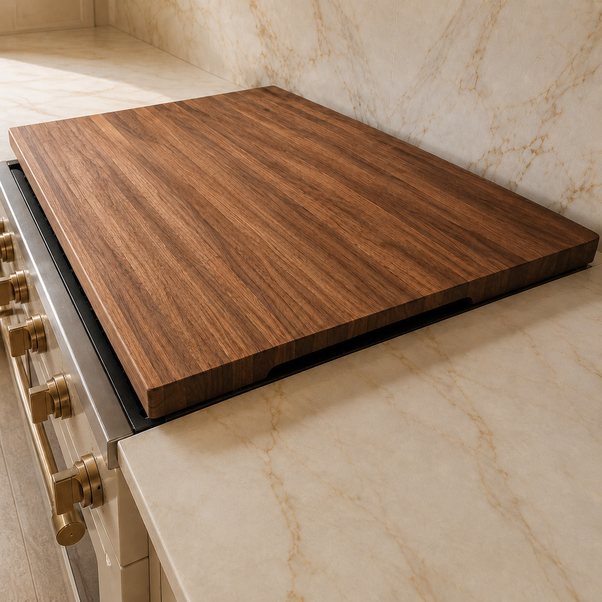 Three-quarter view of The Canopy solid walnut stove top cover on a white range