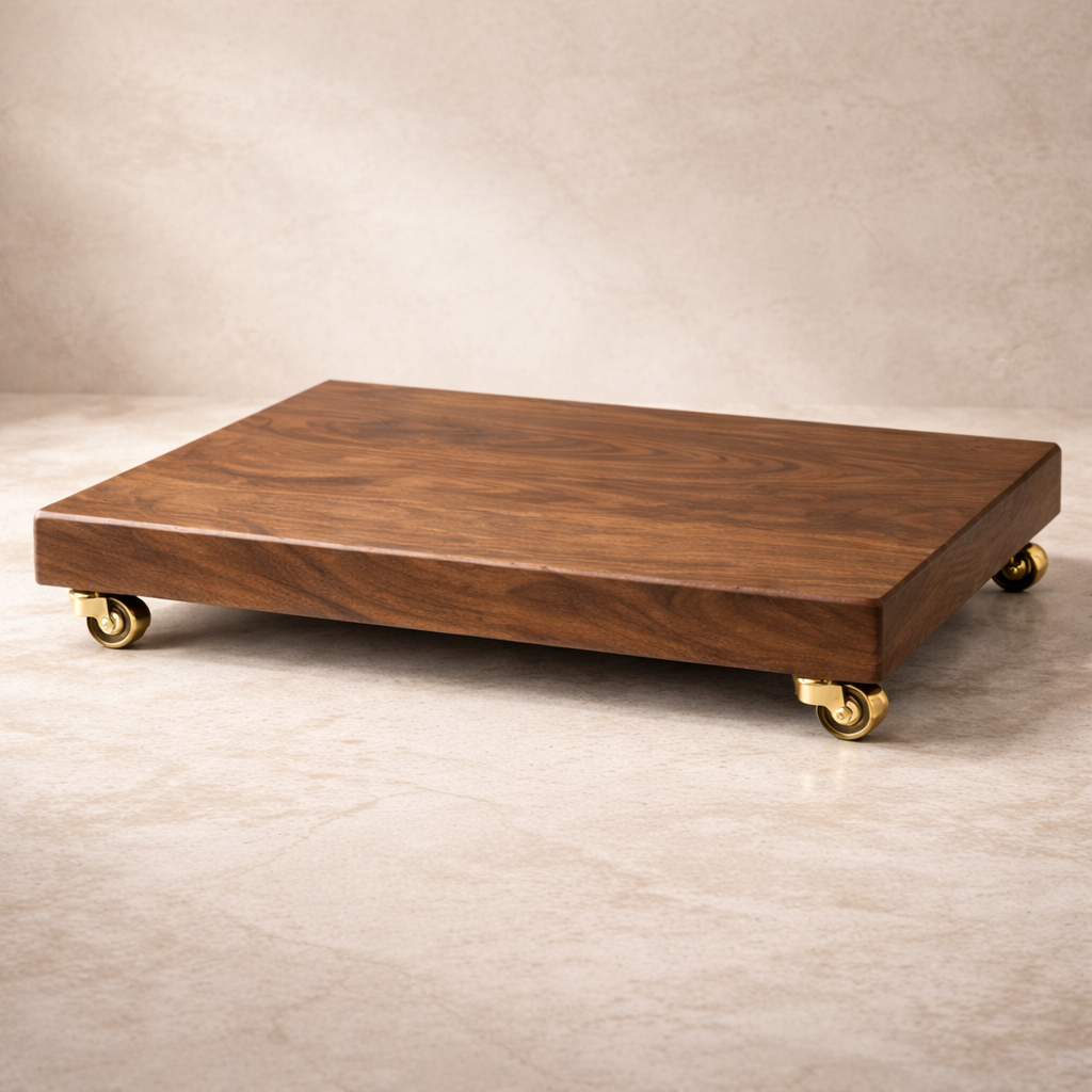 Wooden platform with wheels on a neutral background