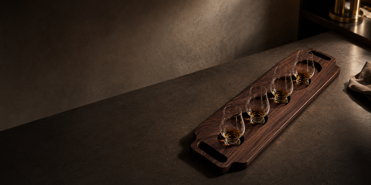 Solid walnut tasting flight from the Board &amp; Grain Hospitality Collection