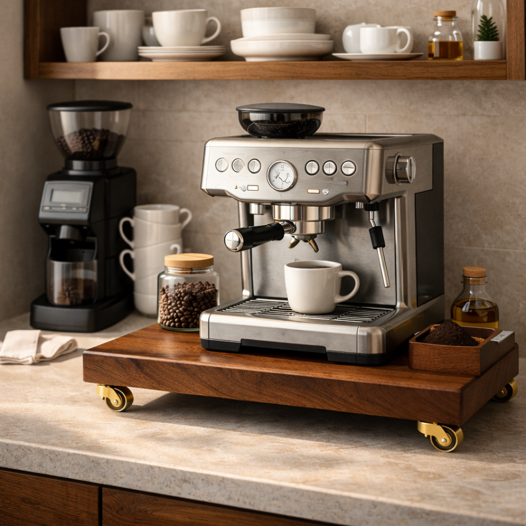Espresso machine on a wooden stand with coffee cups and beans in a kitchen setting