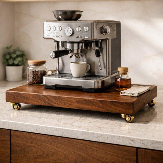 Espresso machine on a wooden stand with a cup of coffee on a kitchen counter.