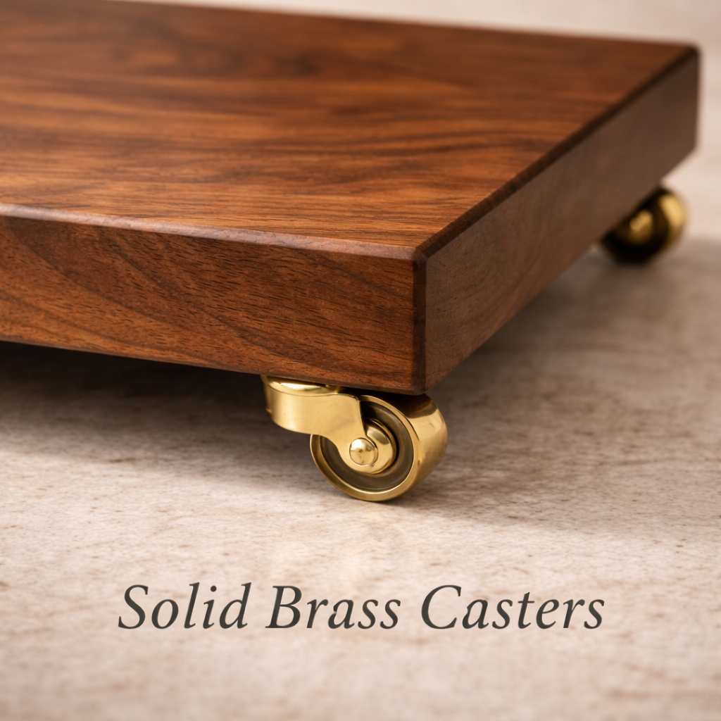 Wooden platform with solid brass casters on a neutral background