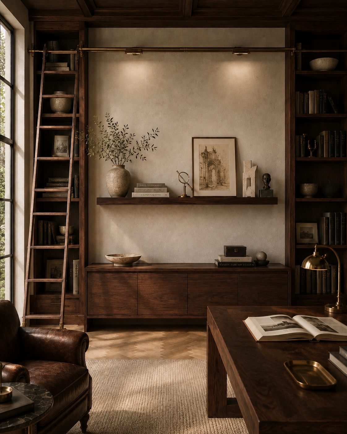 The Study 42 inch solid walnut architectural floating shelf by Board and Grain