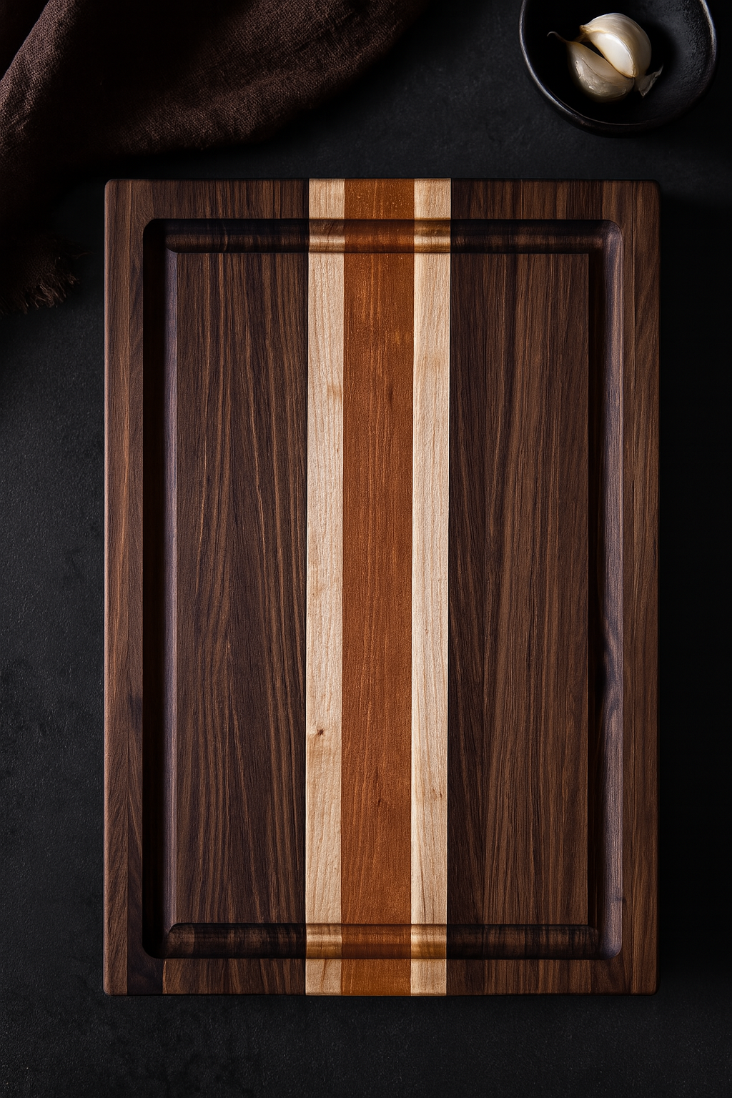 Top view of The Hawthorne walnut cherry and maple cutting board with juice groove