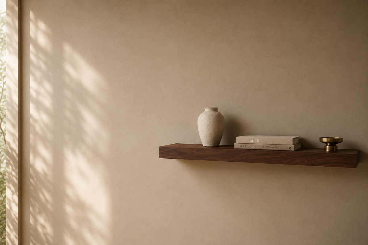 Solid walnut floating shelf from the Board &amp; Grain Shelving Collection
