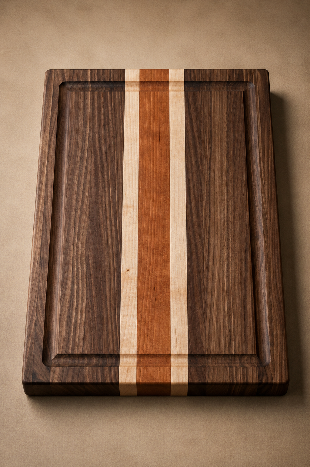 The Hawthorne walnut cherry and maple edge grain cutting board in Heirloom profile