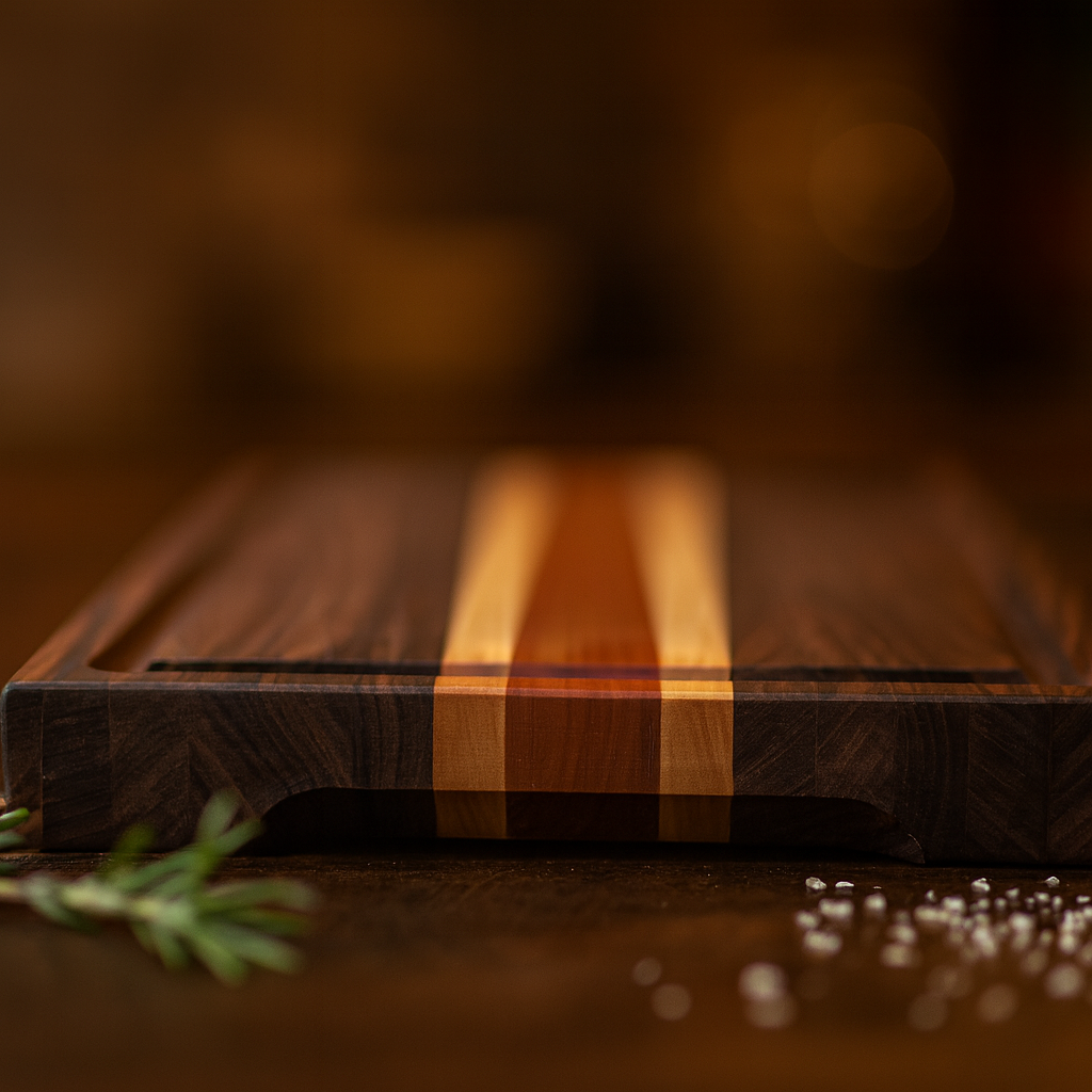 Low angle detail of The Hawthorne walnut cherry and maple cutting board