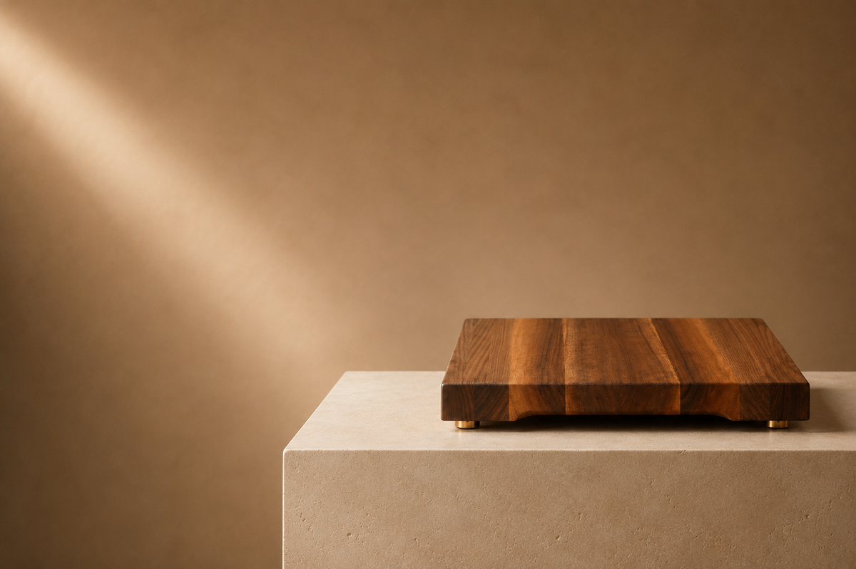 Handcrafted walnut cutting board displayed in an architectural interior