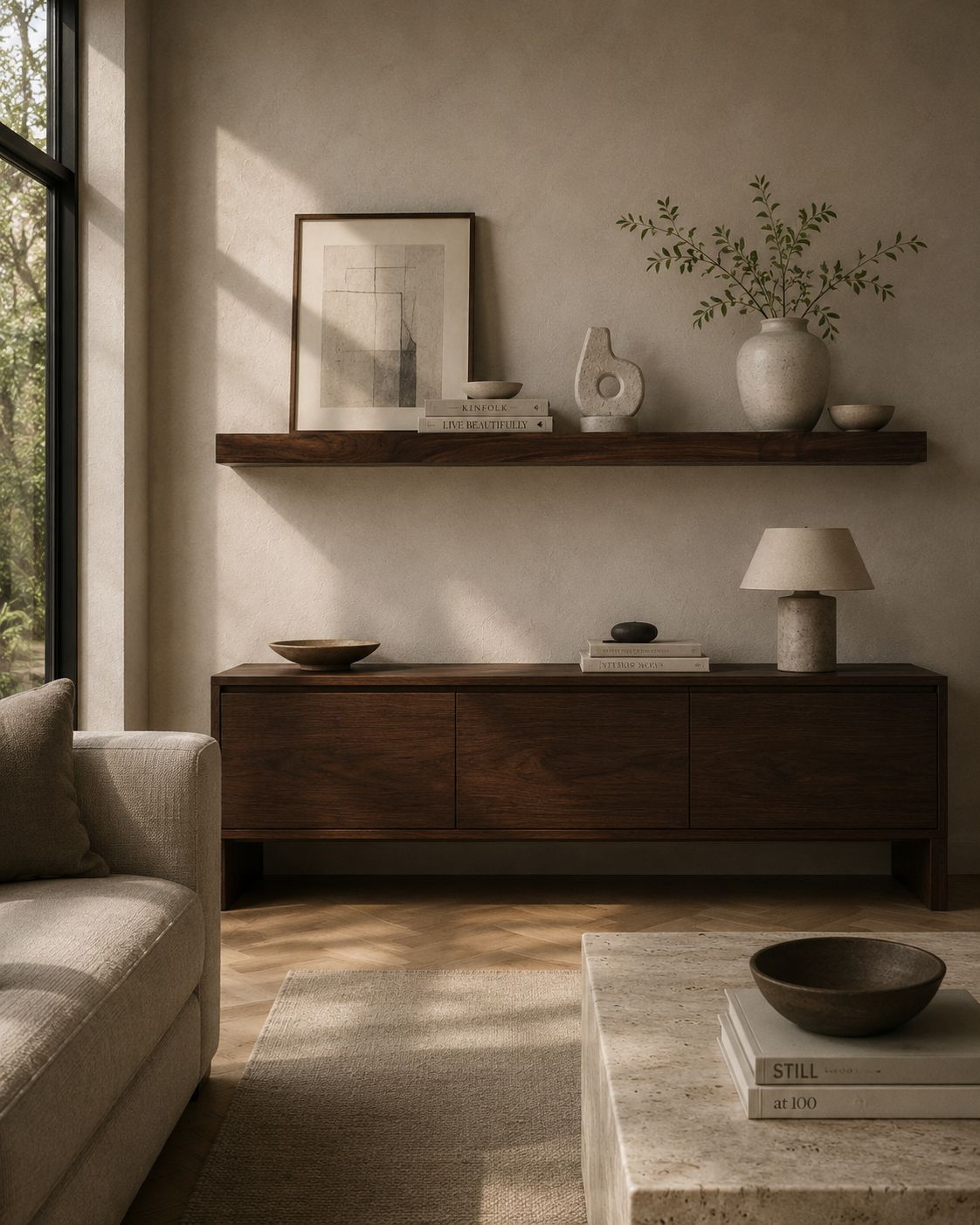 The Loft 48 inch solid walnut architectural floating shelf by Board and Grain
