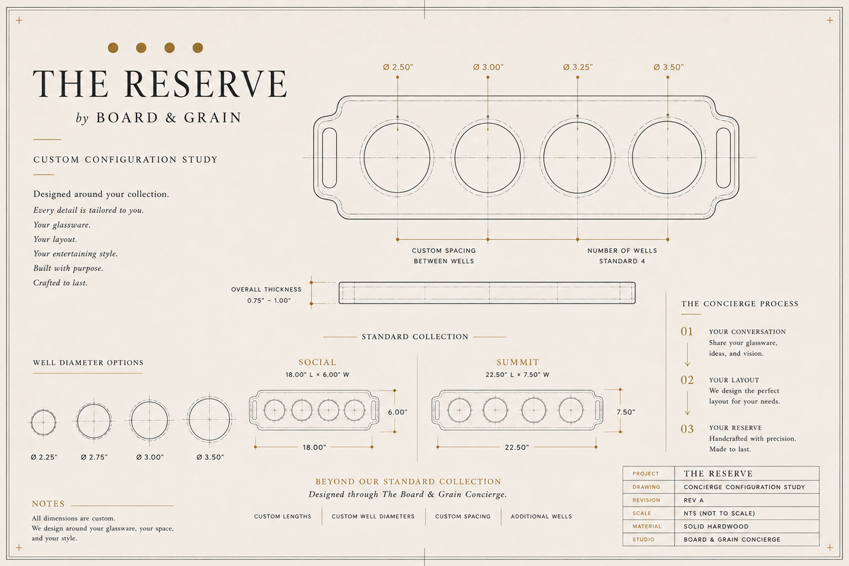Architectural configuration study for The Reserve hardwood tasting flight showing standard and custom well configurations