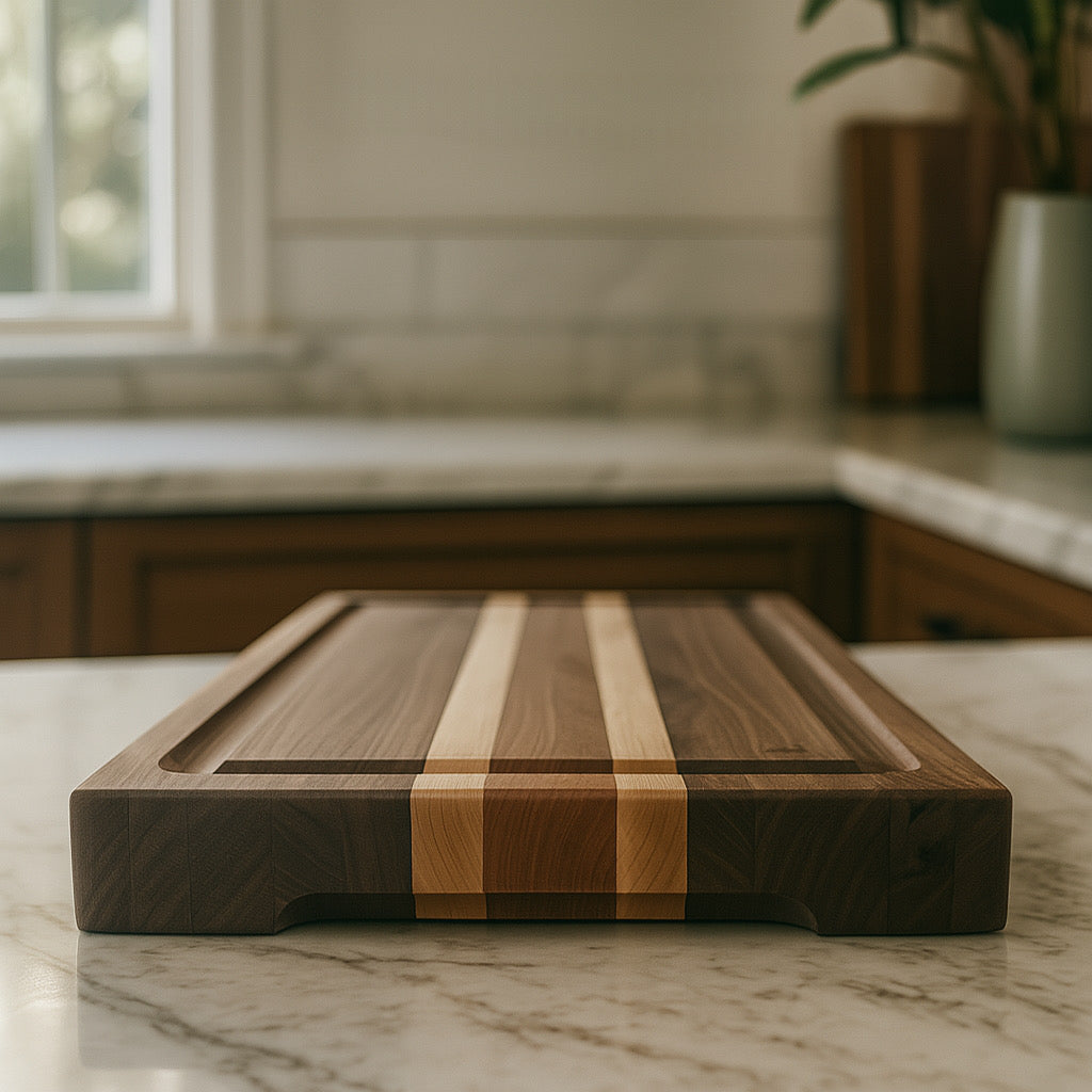 The Hawthorne Heirloom cutting board side profile showing substantial 2 inch thickness