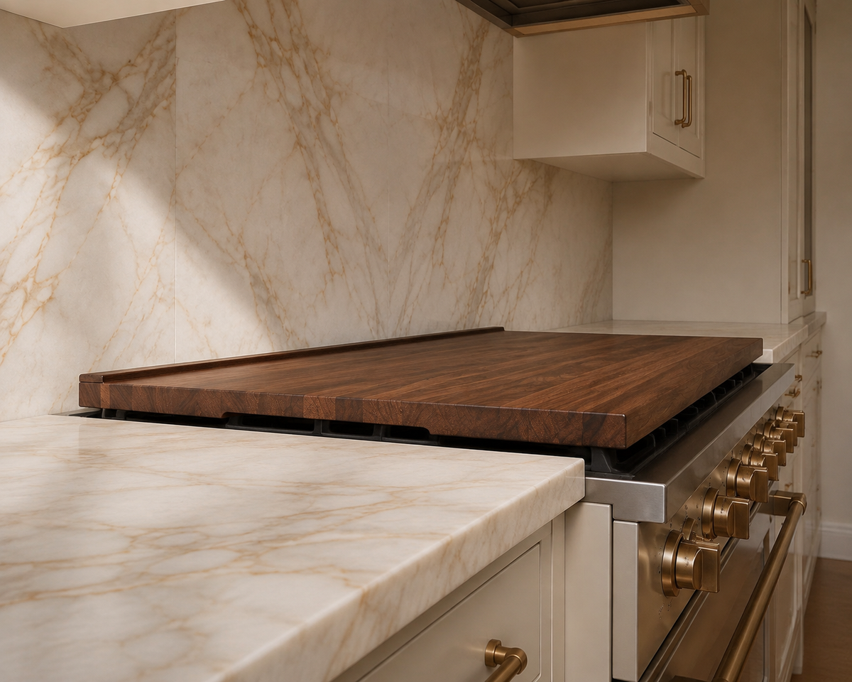 Side view of The Canopy walnut stove top cover installed over a range in a marble kitchen