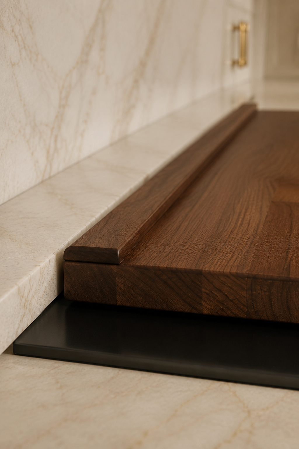 Close-up of The Canopy walnut stove top cover with an integrated drip edge