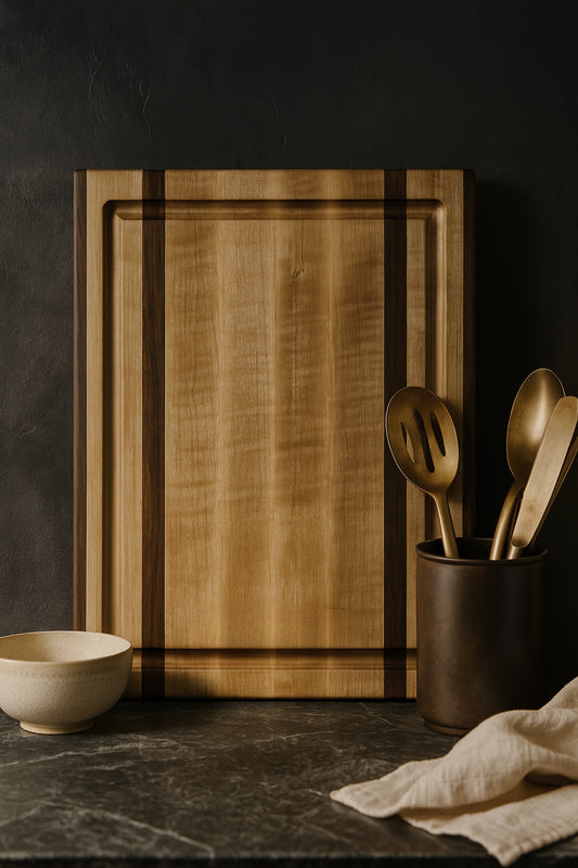 Double Barrel cutting board in walnut and maple edge grain design on display – handcrafted Board & Grain premium cutting board