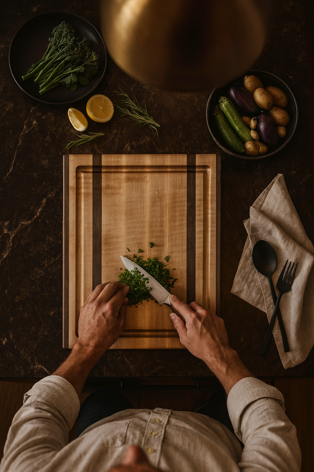 Double Barrel cutting board in use while chopping herbs – walnut and maple handcrafted board by Board & Grain