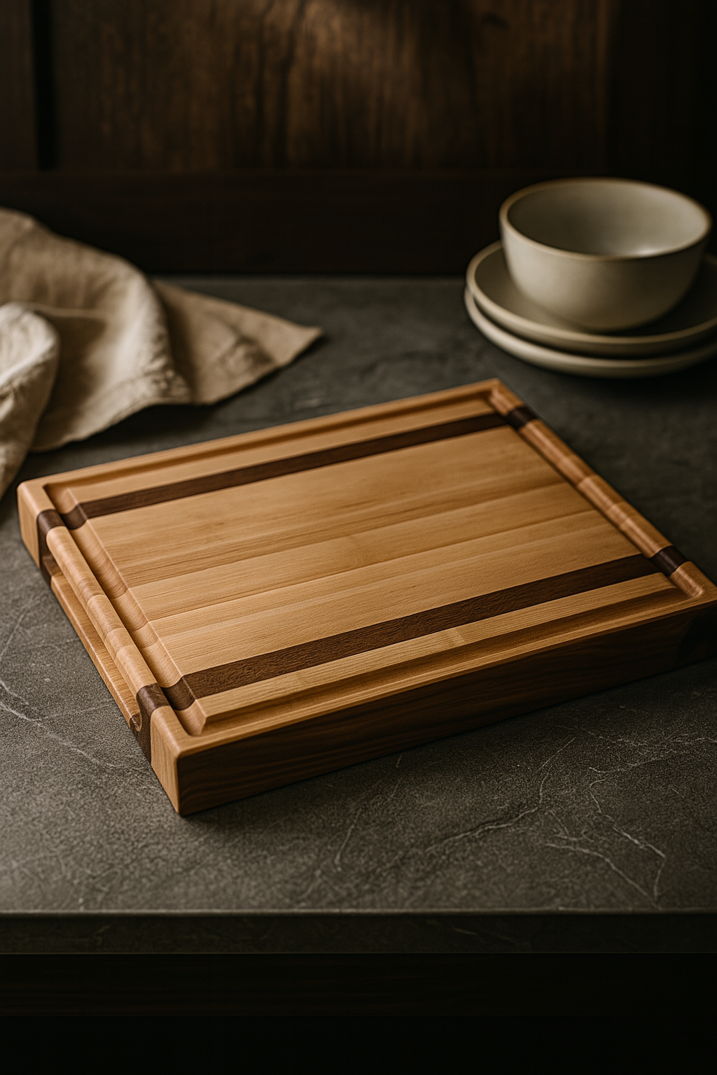 Double Barrel walnut and maple edge grain cutting board styled on a kitchen countertop with dinnerware