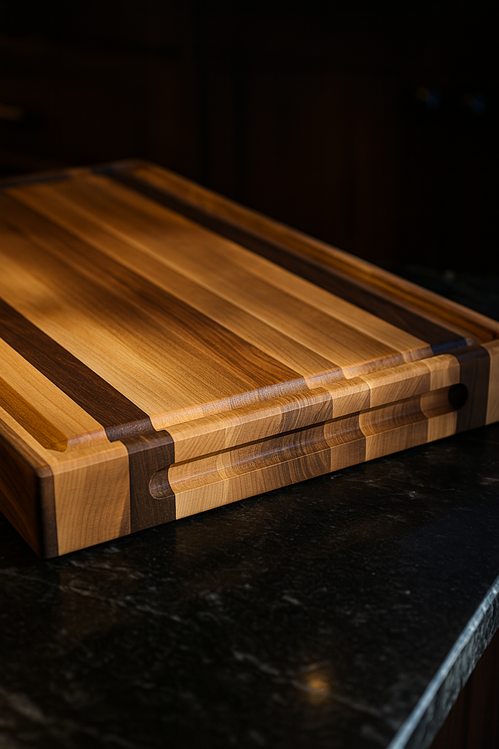 Side profile of The Double Barrel cutting board showing 2 inch heirloom thickness and walnut maple contrast