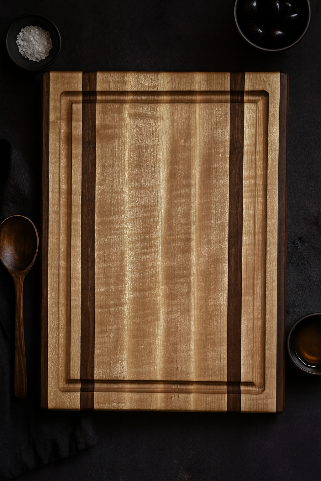 Top view of the Double Barrel walnut and maple cutting board with bold center strip design