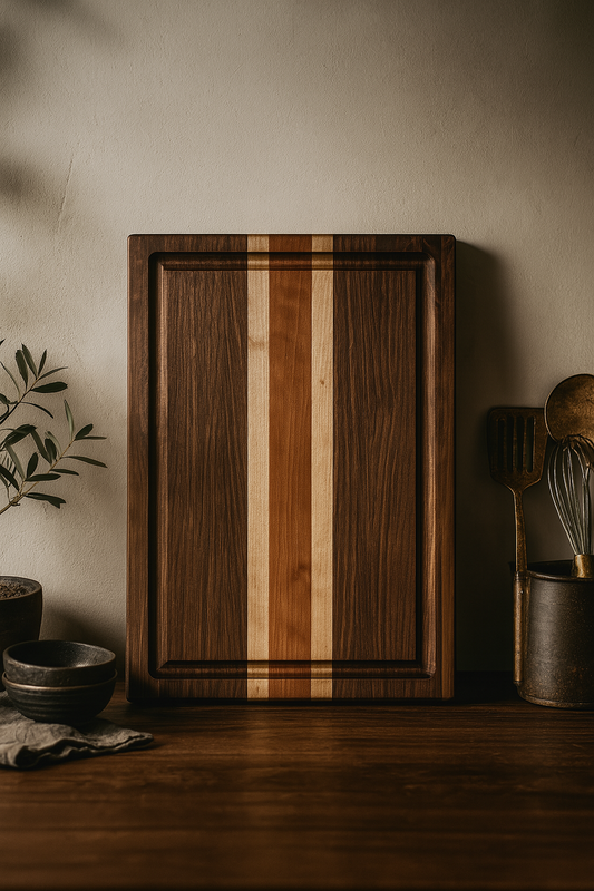 The Hawthorne cutting board by Board and Grain shown at a front angle, handcrafted from walnut, cherry, and maple.