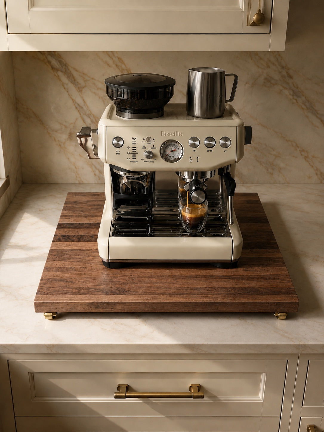 Cream Breville espresso machine on The Press solid walnut rolling tray in a warm kitchen