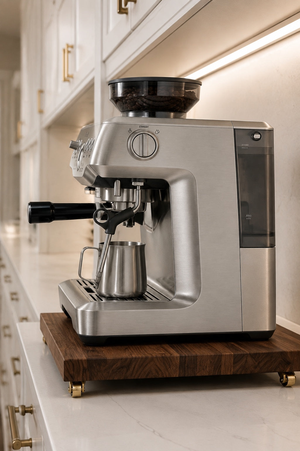 Side view of a stainless espresso machine on The Press walnut platform