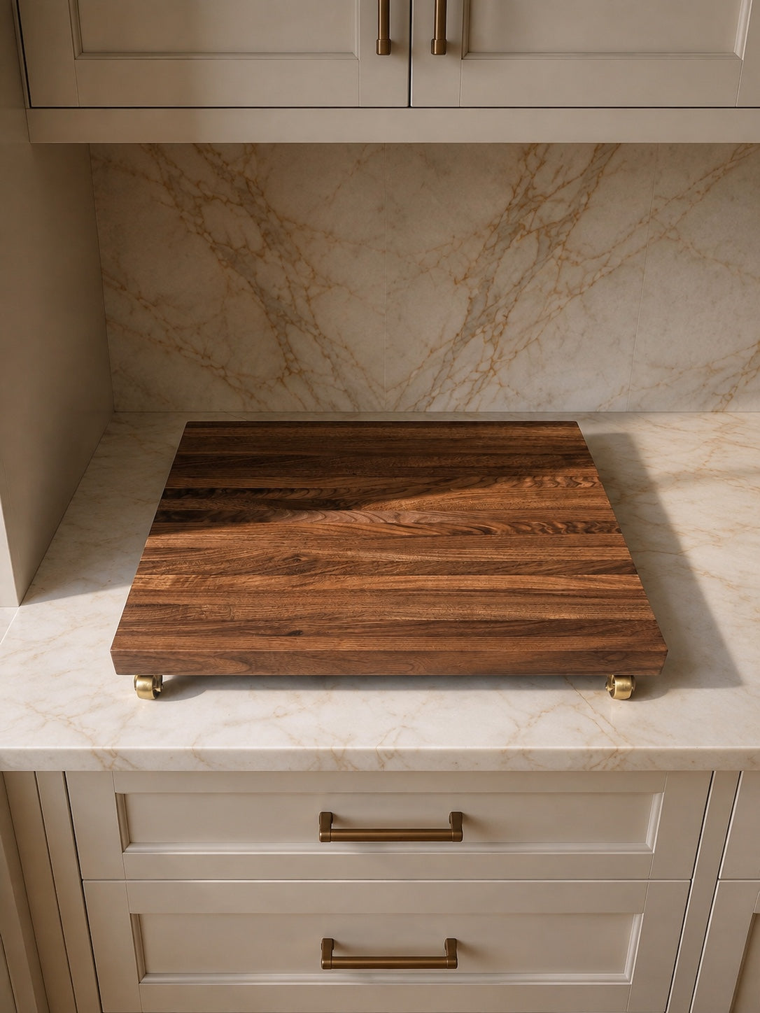 The Press solid walnut espresso machine platform shown without a machine