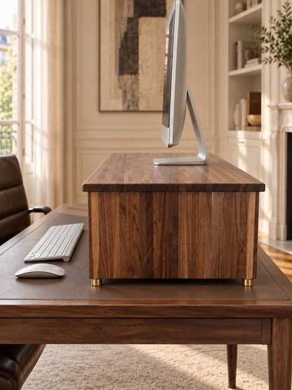 Side profile of The Archive walnut monitor stand with a slim desktop monitor