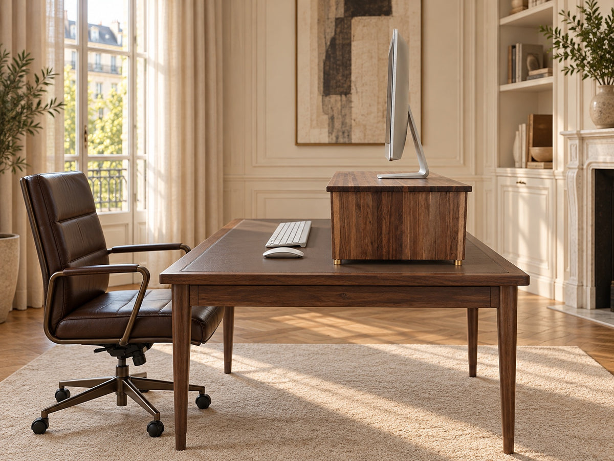 The Archive monitor stand on a writing desk in a sunlit study