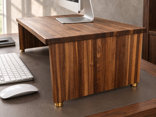 The Archive solid walnut monitor stand with brass feet on a leather-topped desk
