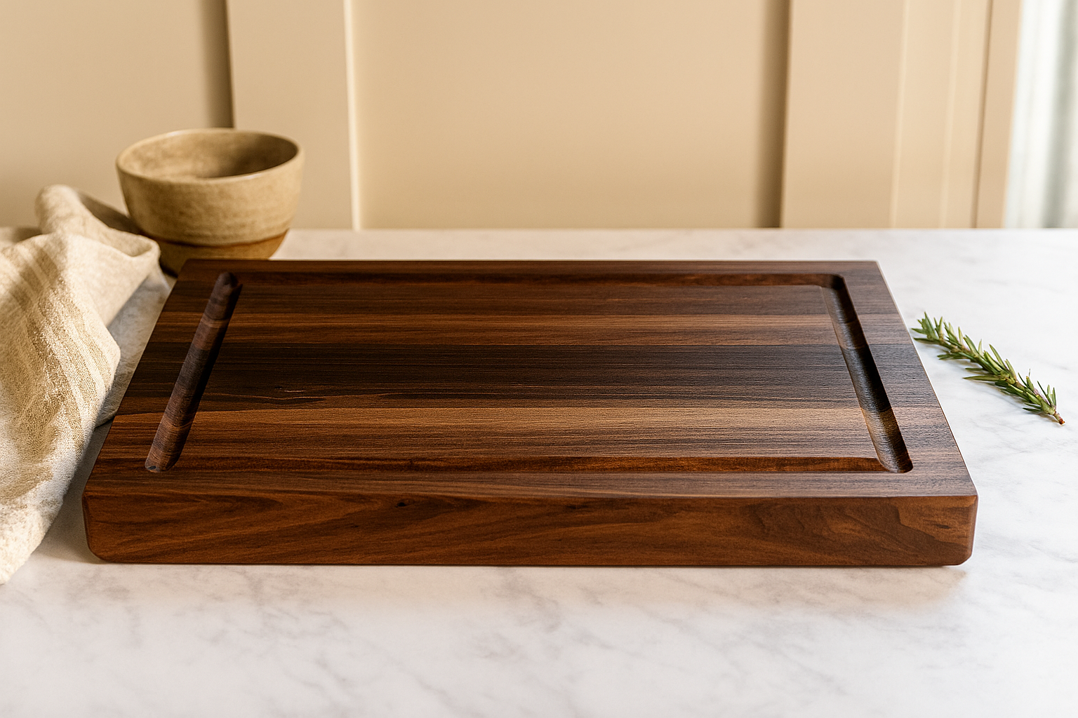 Angled side profile of The Craftsman walnut board showing thickness and beveled edges.
