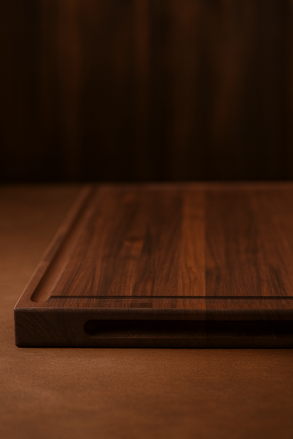 Close-up of The Prestige walnut cutting board showing recessed handle groove