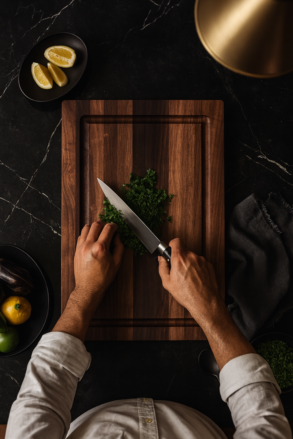 The Craftsman walnut cutting board in a bright kitchen prepping scene with knife and ingredients.
