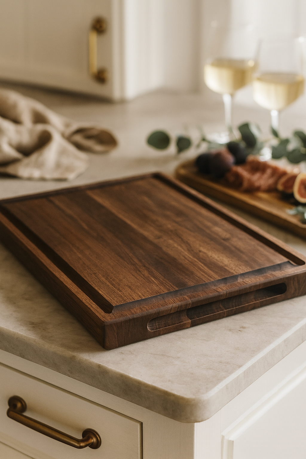 The Craftsman walnut cutting board displayed on a marble countertop highlighting smooth finish.
