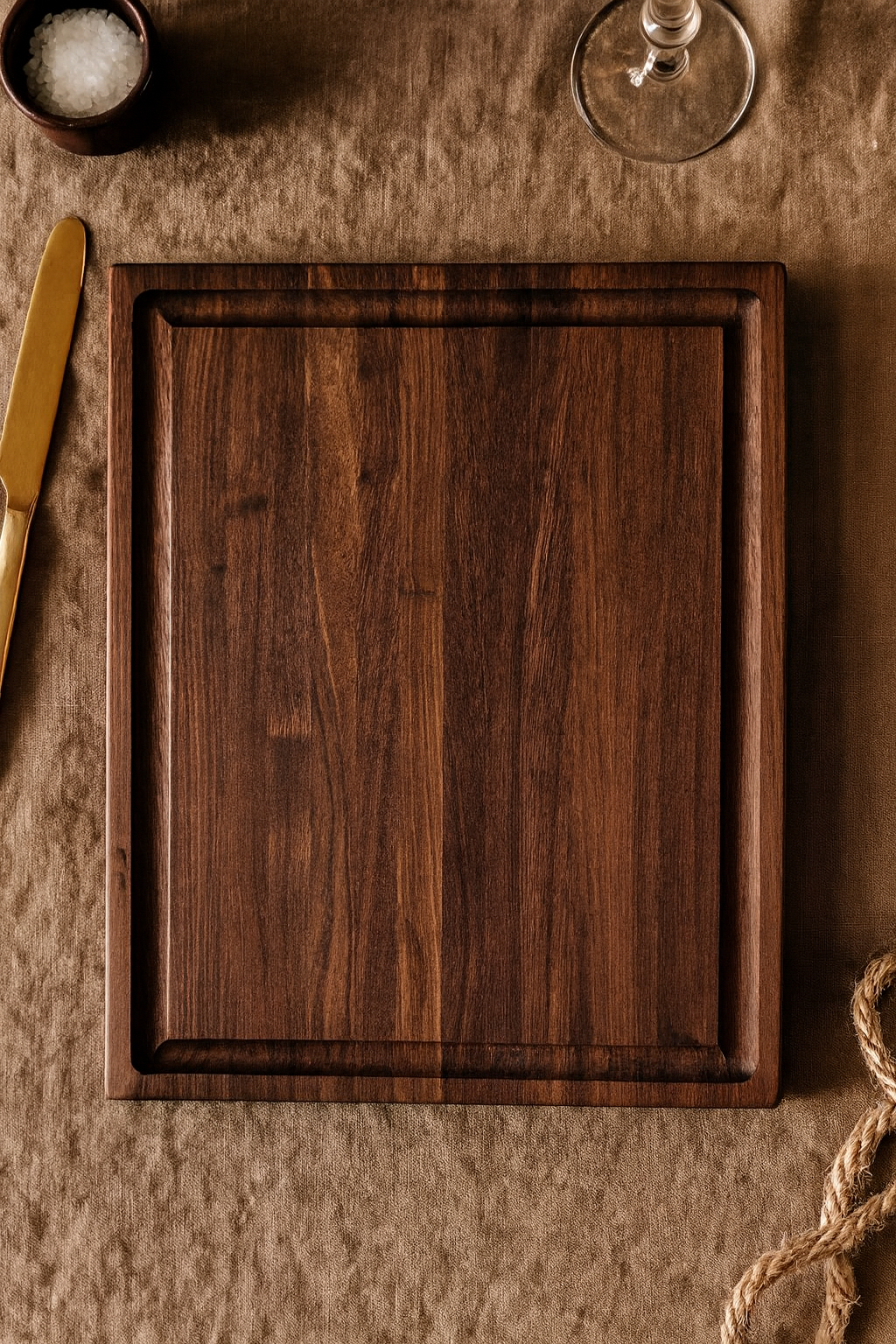Flatlay image of The Craftsman walnut cutting board showing deep brown tones and precision groove.