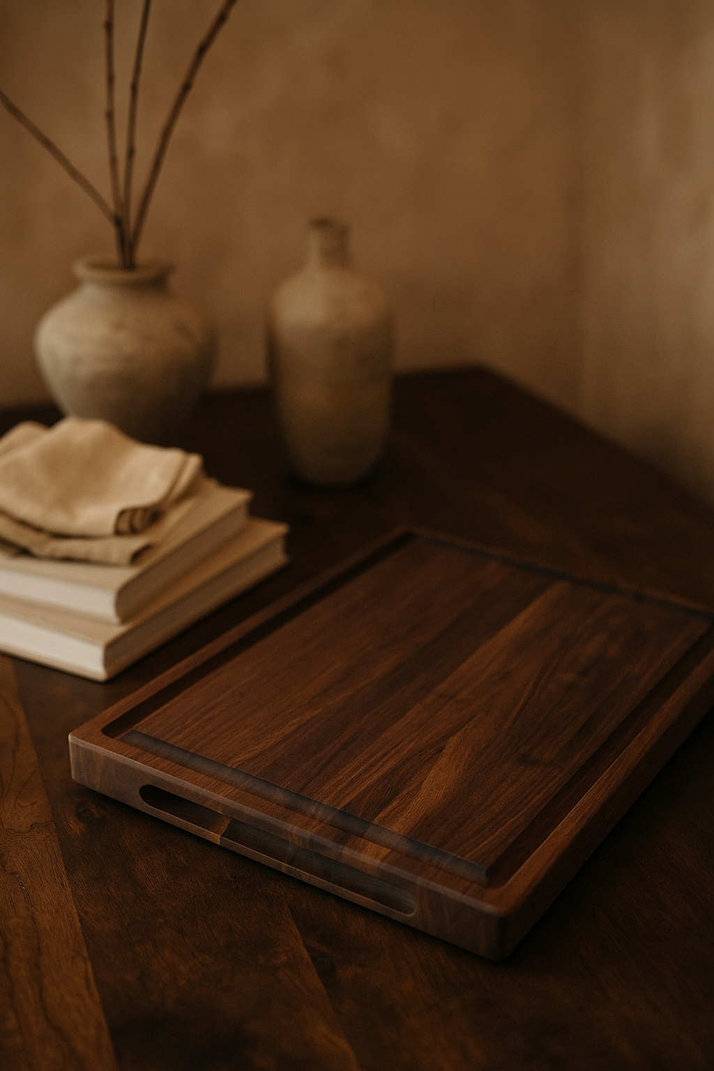The Craftsman walnut cutting board displayed in a warm kitchen setting with styled accessories.
