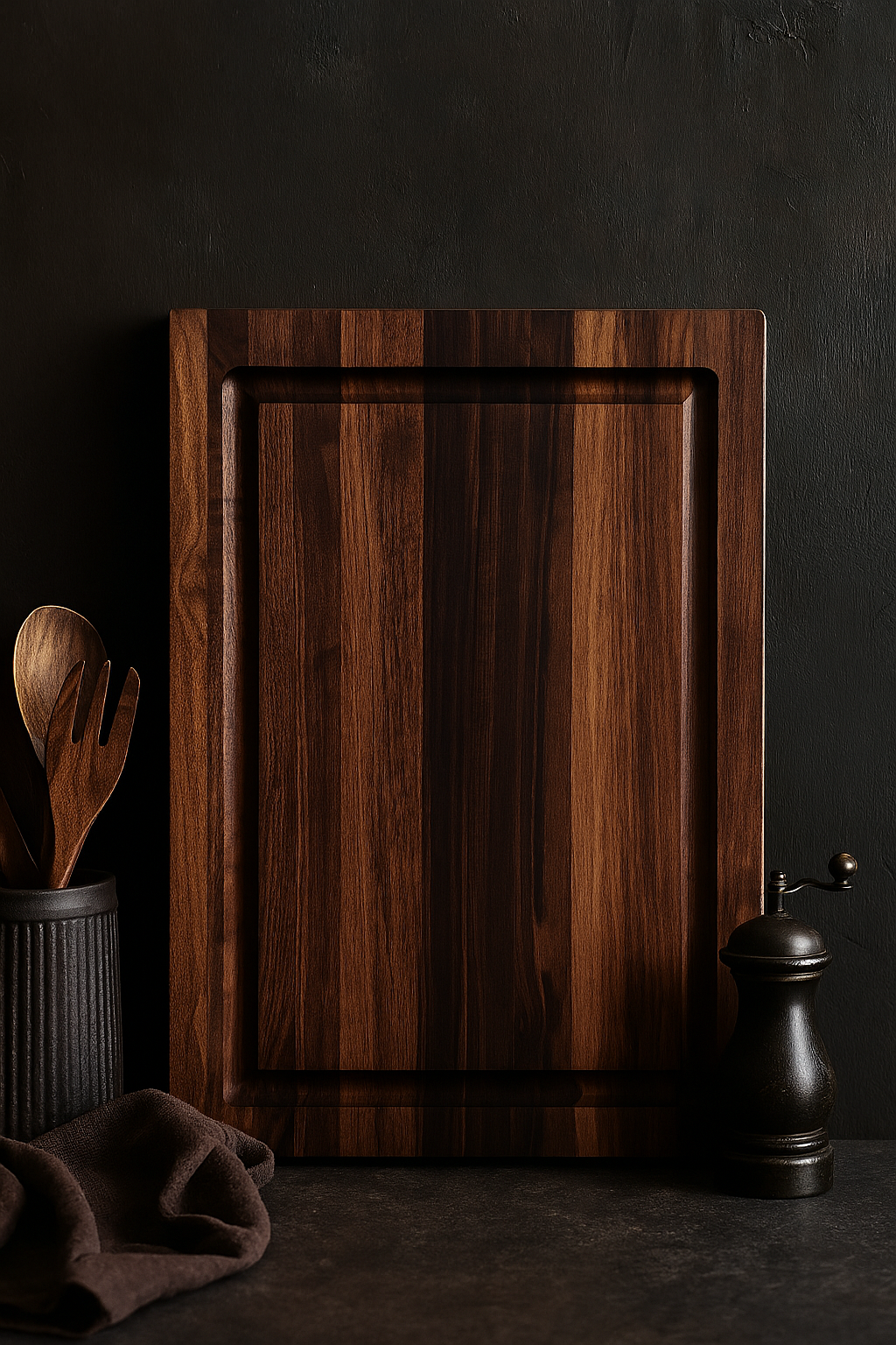 The Craftsman solid walnut cutting board standing upright with juice groove and rich grain detail.
