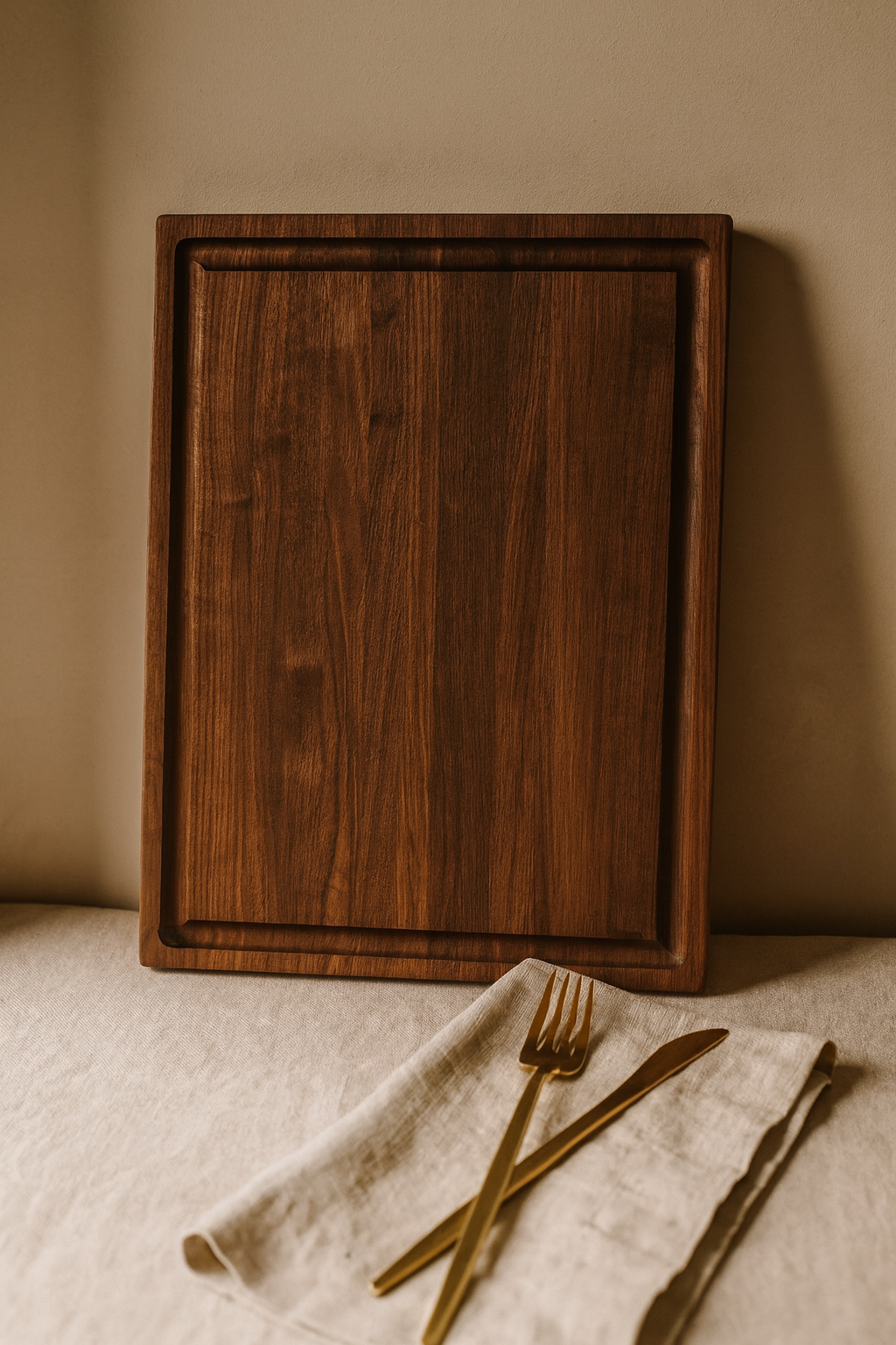 Front view of The Craftsman walnut edge grain cutting board highlighting natural wood patterns.
